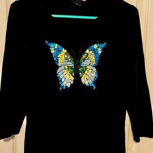 Black sweater blue sequin butterfly large